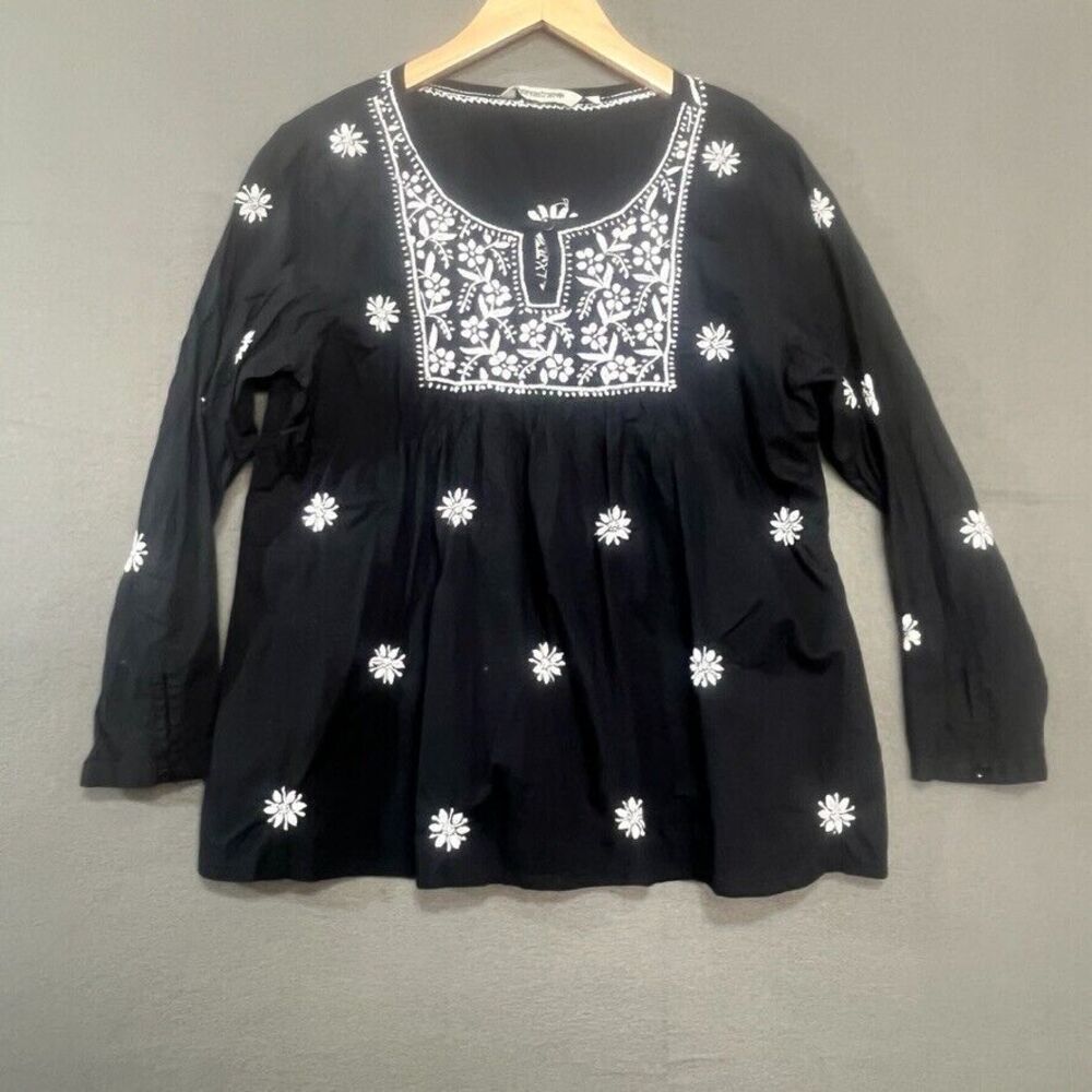 Ayurvastram Women's Top Large Black White Embroidery Boho Peasant Shirt Blouse